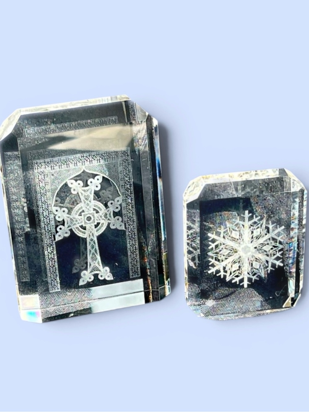 Laser Etched 3D Crystal Celtic Cross,‎ Snowflake Menorah Made in Israel NIB